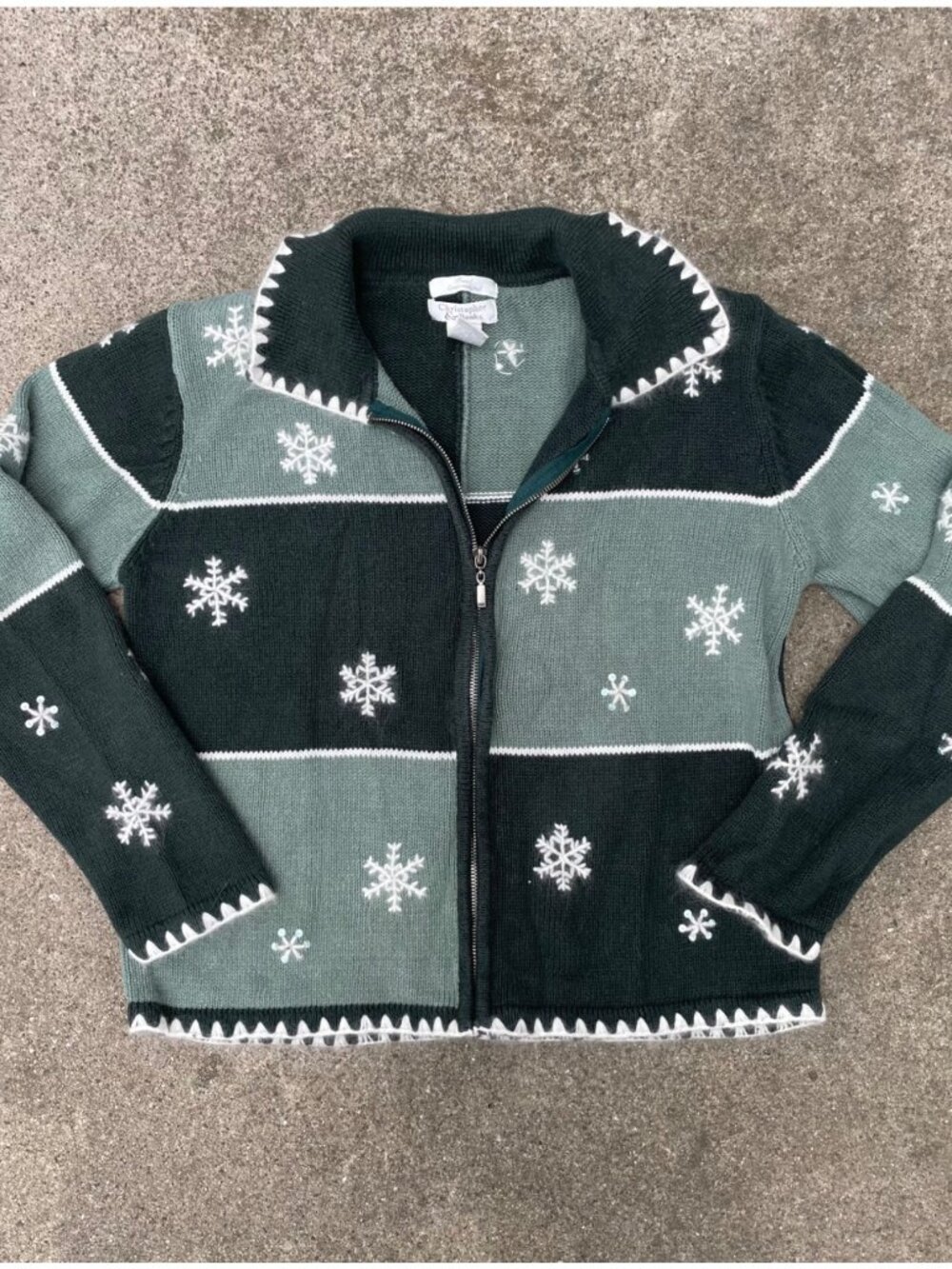 Vintage Y2K Cardigan Holiday Winter Christmas Green Snowflake Hand Embroidered S
